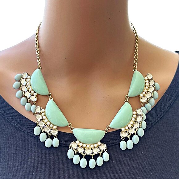 New York and Co Statement Necklace Gold Tone Blue Beaded Fringe - Picture 2 of 4